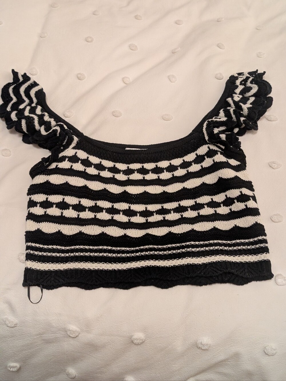 H&M Black and White Striped Croche Ruffle-Sleeve Crop Top